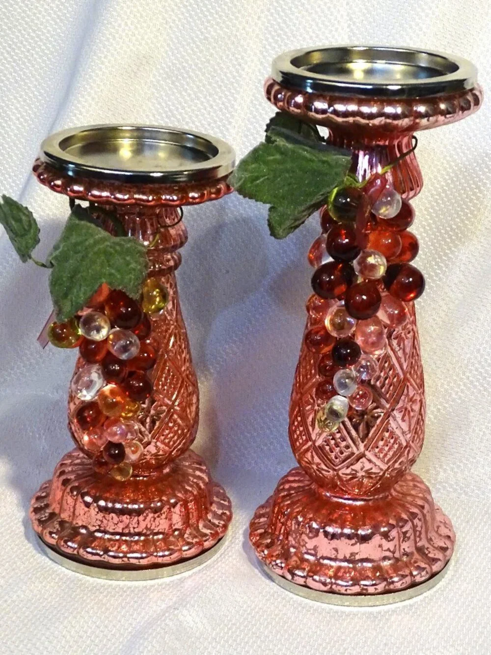 Pink Light  Up Glass Candlestick Holders with Glass Grapes